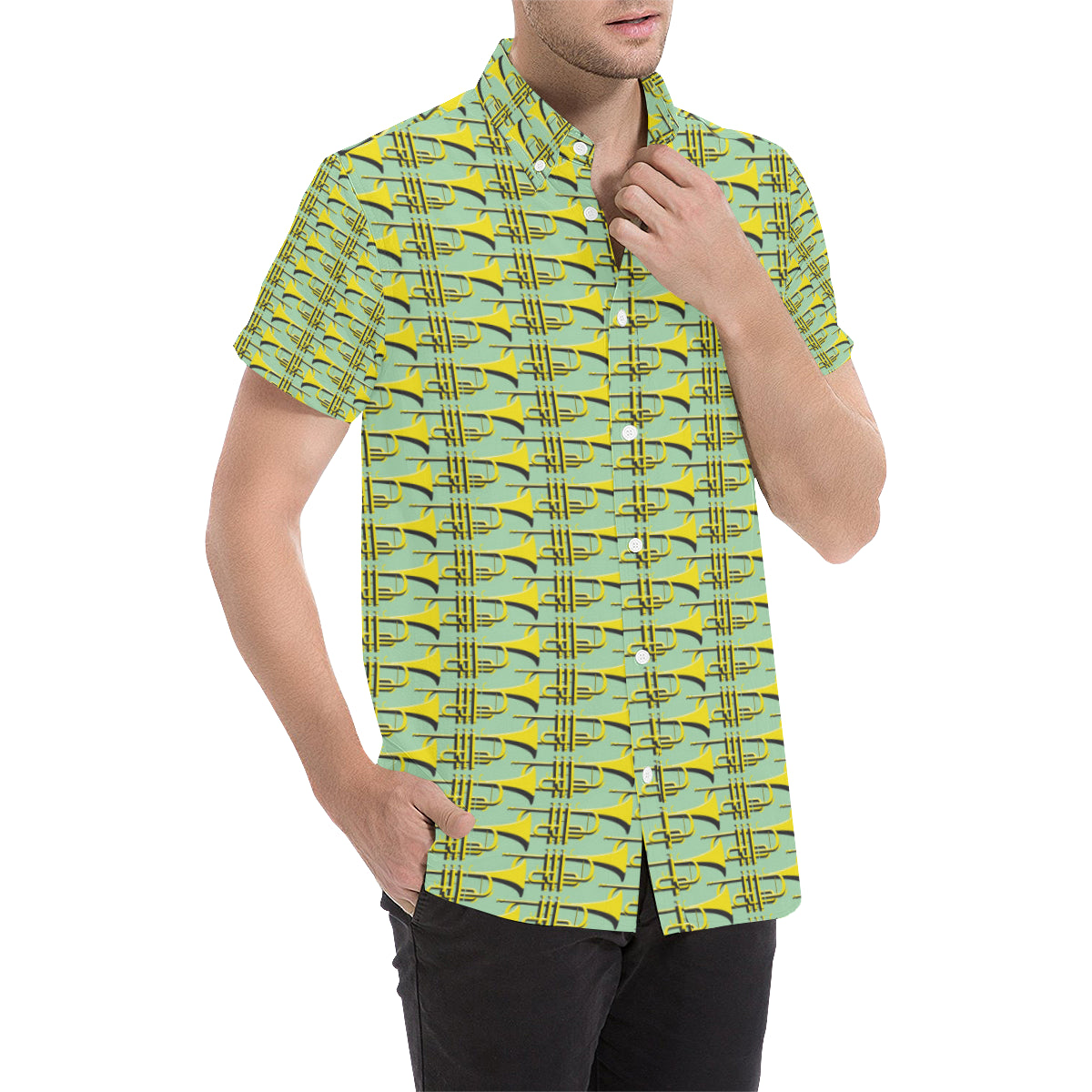 Trumpet Vintage Design Print Men's Short Sleeve Button Up Shirt