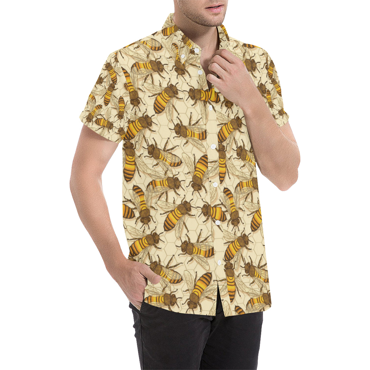 Bee Pattern Print Design BEE05 Men's Short Sleeve Button Up Shirt