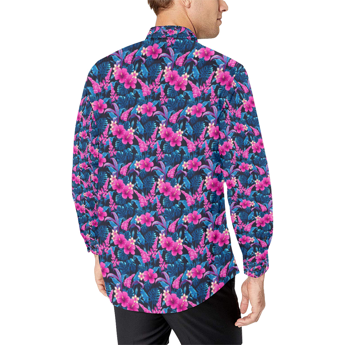 Tropical Folower Pink Themed Print Men's Long Sleeve Shirt