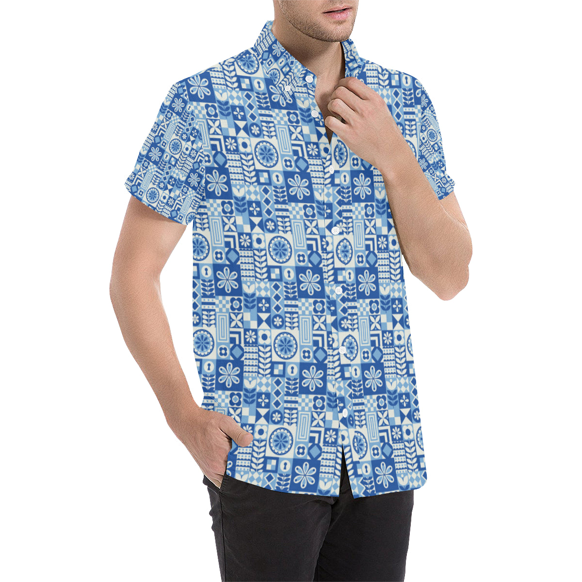 Swedish Print Pattern Men's Short Sleeve Button Up Shirt