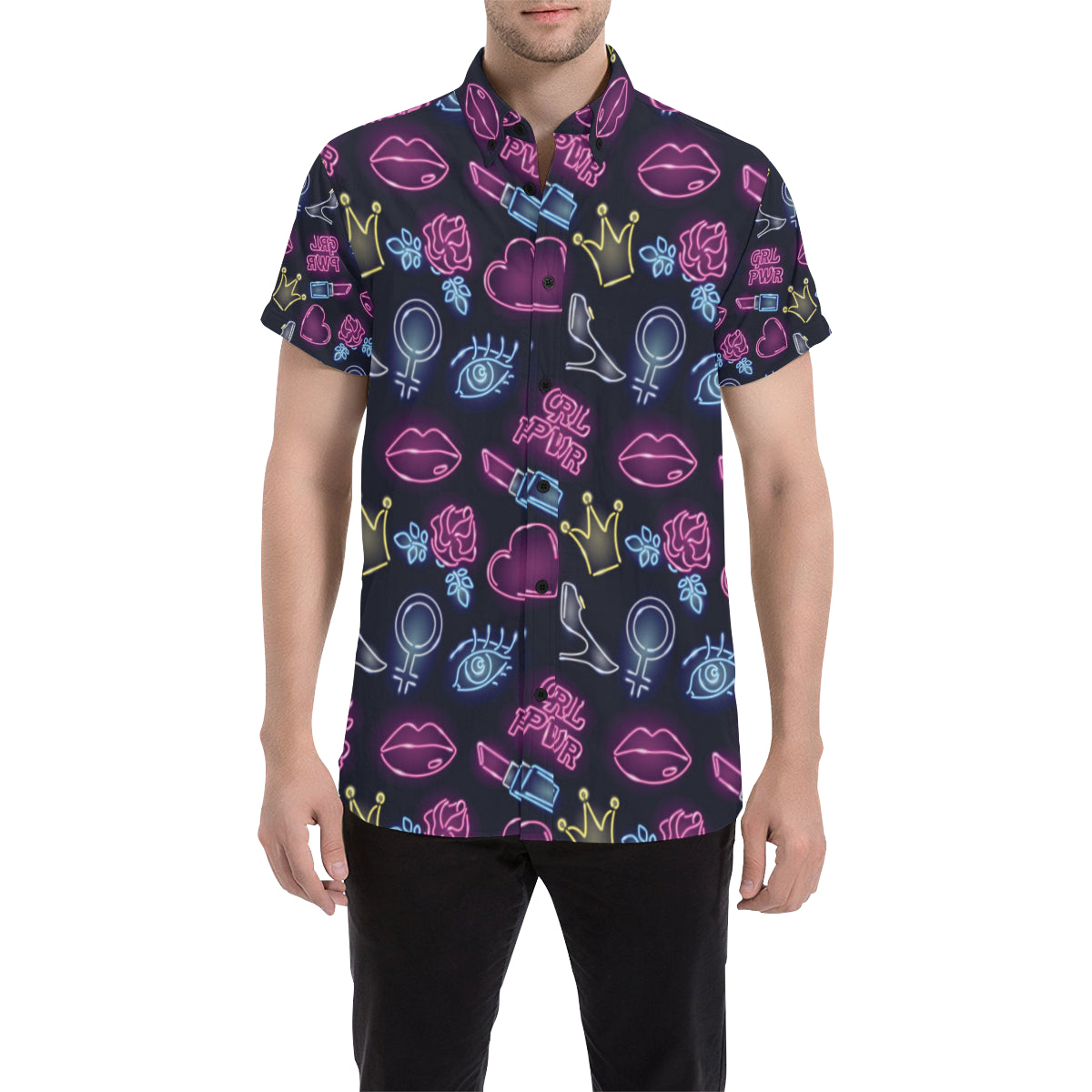 Lipstick Neon Pattern Print Design 02 Men's Short Sleeve Button Up Shirt