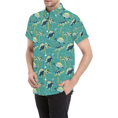 Sea Turtle Pattern Print Design T08 Men's Short Sleeve Button Up Shirt