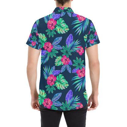 Tropical Flower Pattern Print Design TF09 Men's Short Sleeve Button Up Shirt