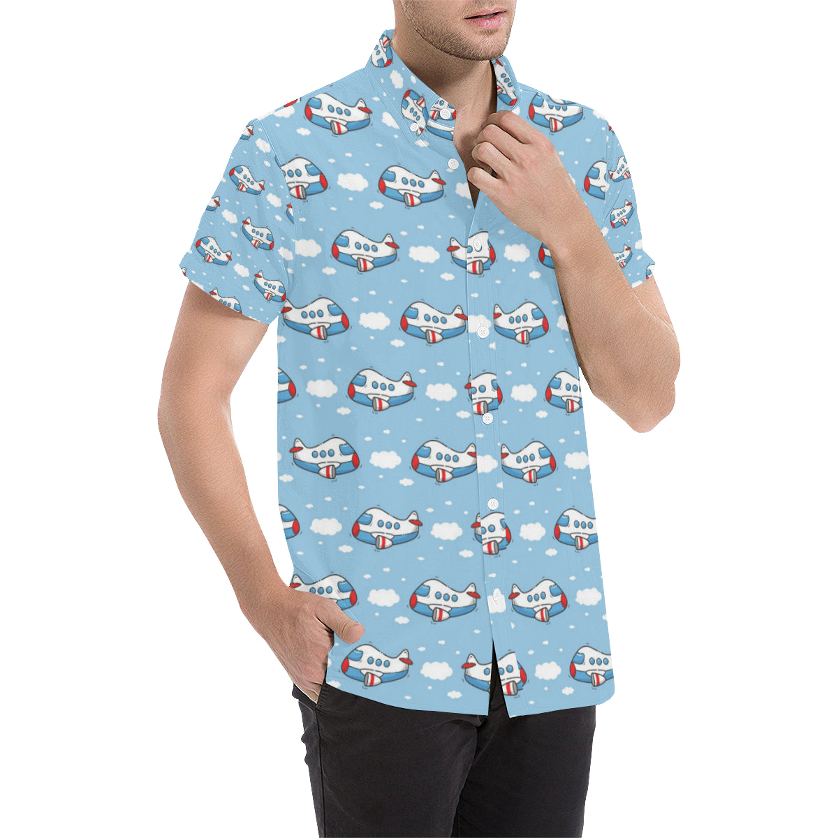 Airplane Cartoon Pattern Print Design 07 Men's Short Sleeve Button Up Shirt