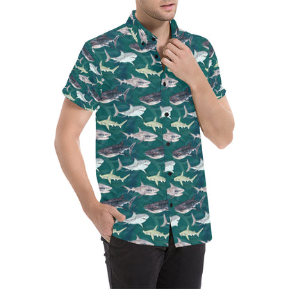 Shark Style Print Men's Short Sleeve Button Up Shirt