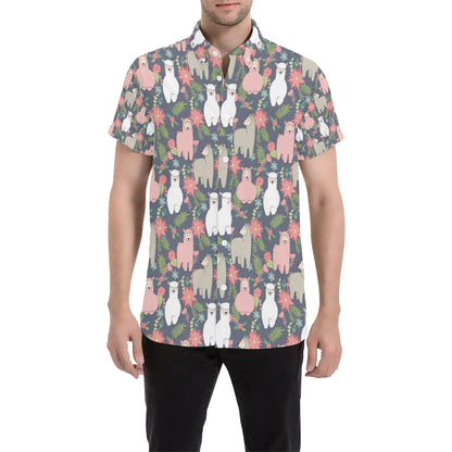 Alpaca Pattern Print Design 03 Men's Short Sleeve Button Up Shirt