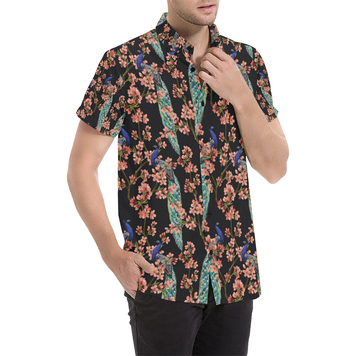 Peacock Pattern Print Design A01 Men's Short Sleeve Button Up Shirt