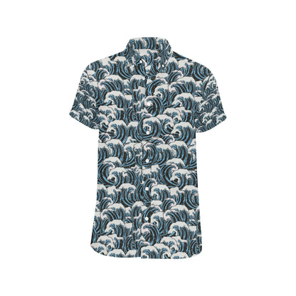 Surf Wave Pattern Print Men's Short Sleeve Button Up Shirt