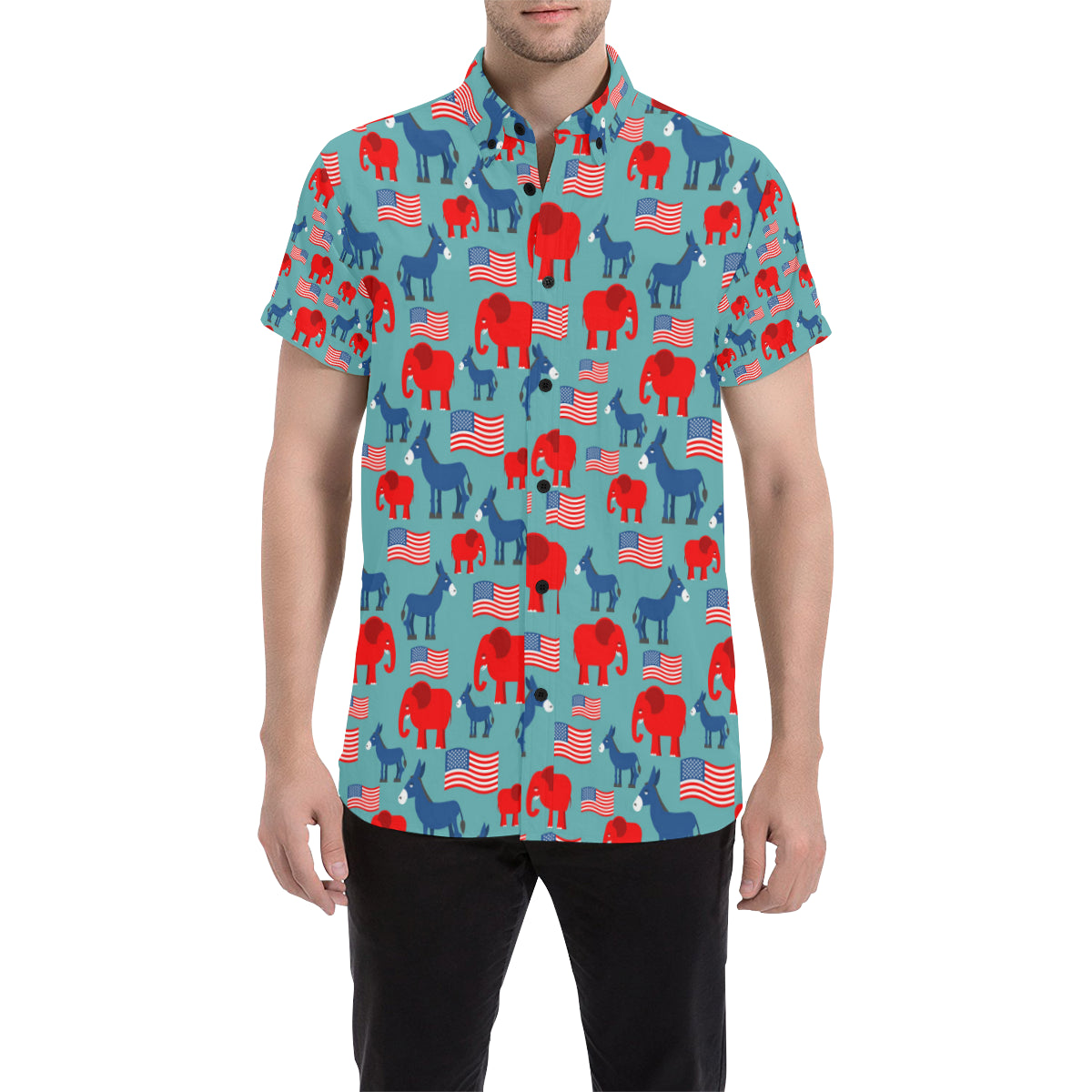 Donkey Red Elephant Pattern Print Design 03 Men's Short Sleeve Button Up Shirt