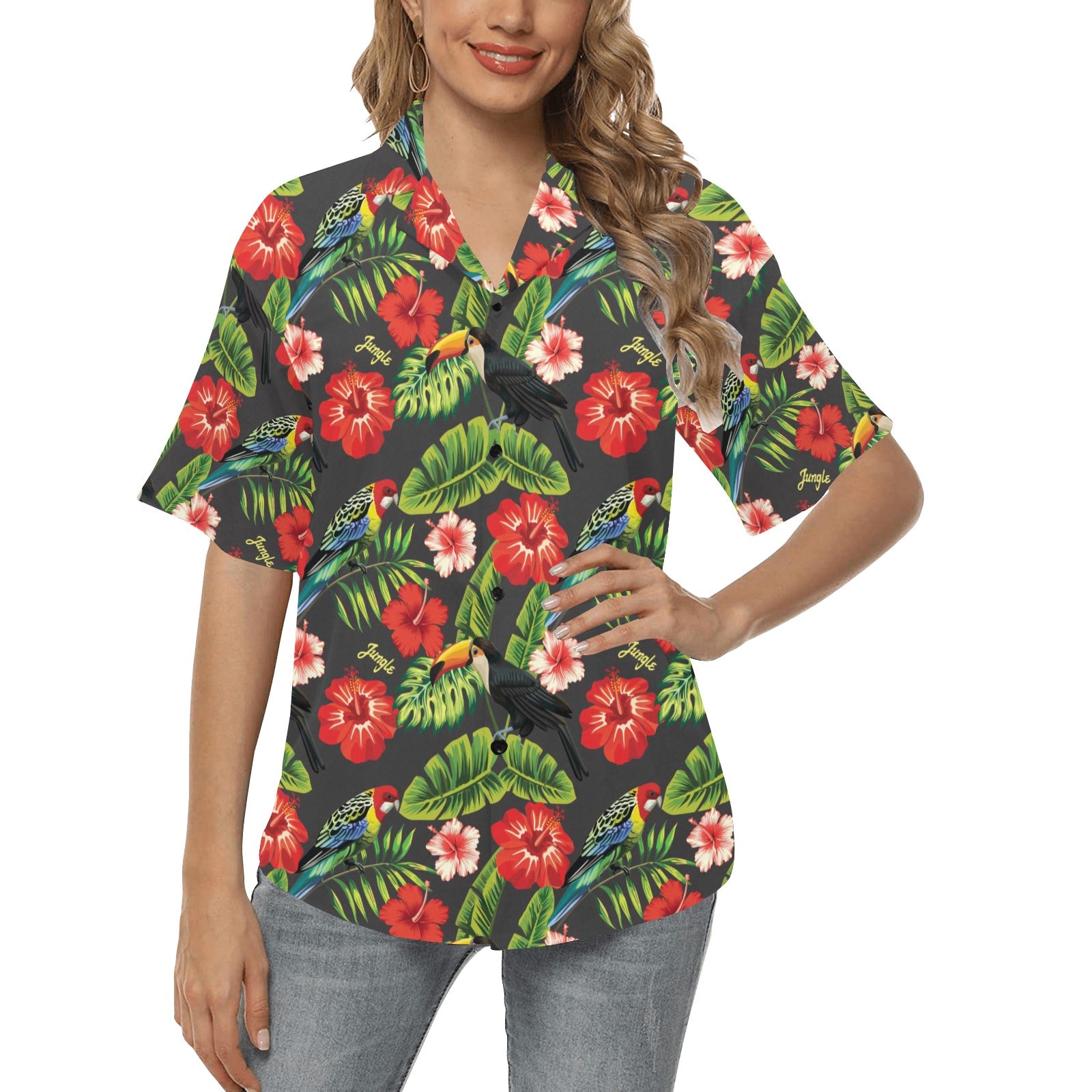 Hibiscus Red With Parrotprint Design LKS303 Women's Hawaiian Shirt