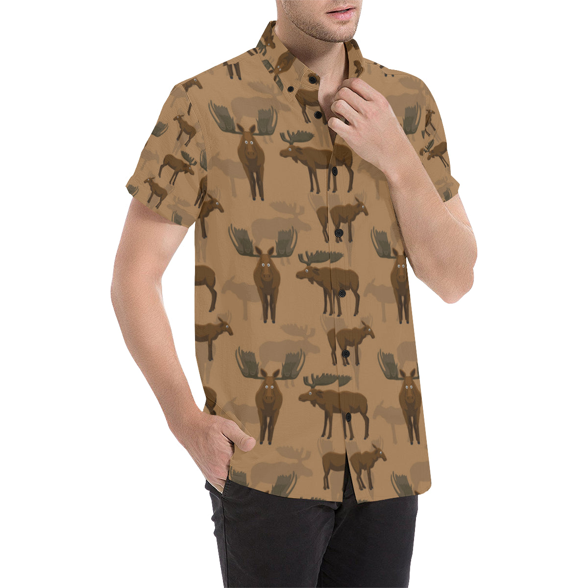 Moose Pattern Print Design 03 Men's Short Sleeve Button Up Shirt