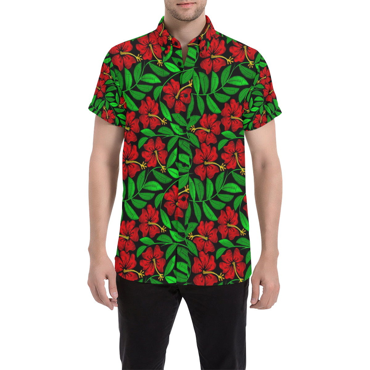 Red Hibiscus Embroidered Pattern Print Design HB03 Men's Short Sleeve Button Up Shirt