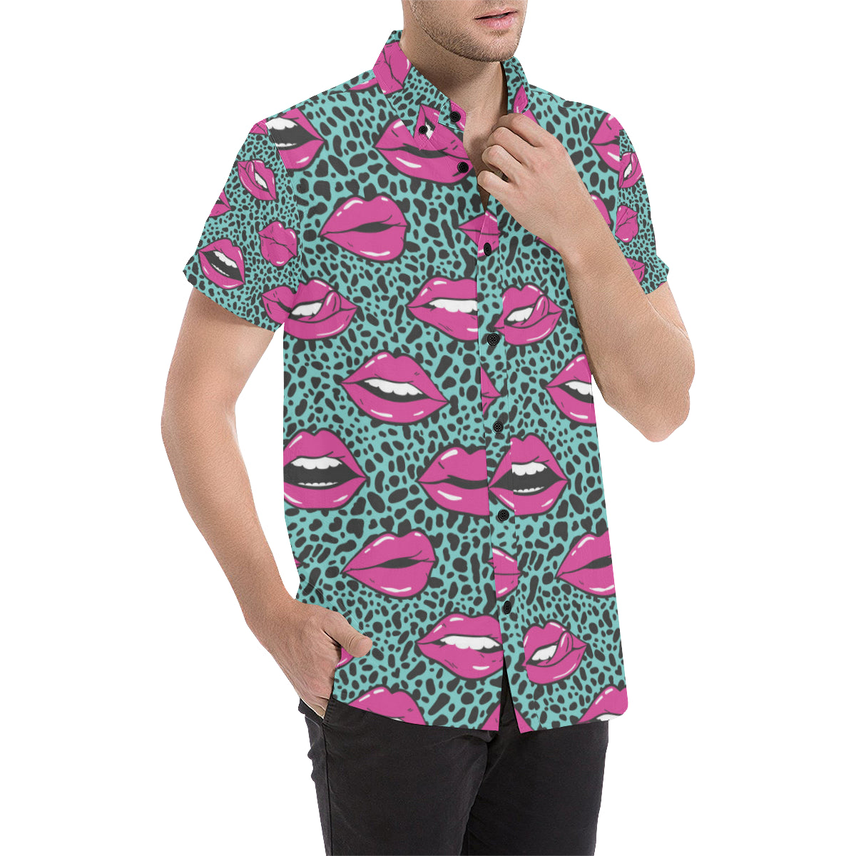 Lip Pattern Print Design 04 Men's Short Sleeve Button Up Shirt