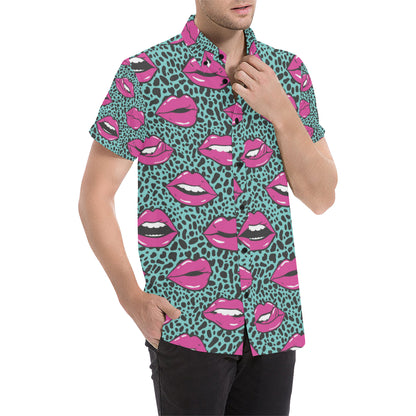 Lip Pattern Print Design 04 Men's Short Sleeve Button Up Shirt