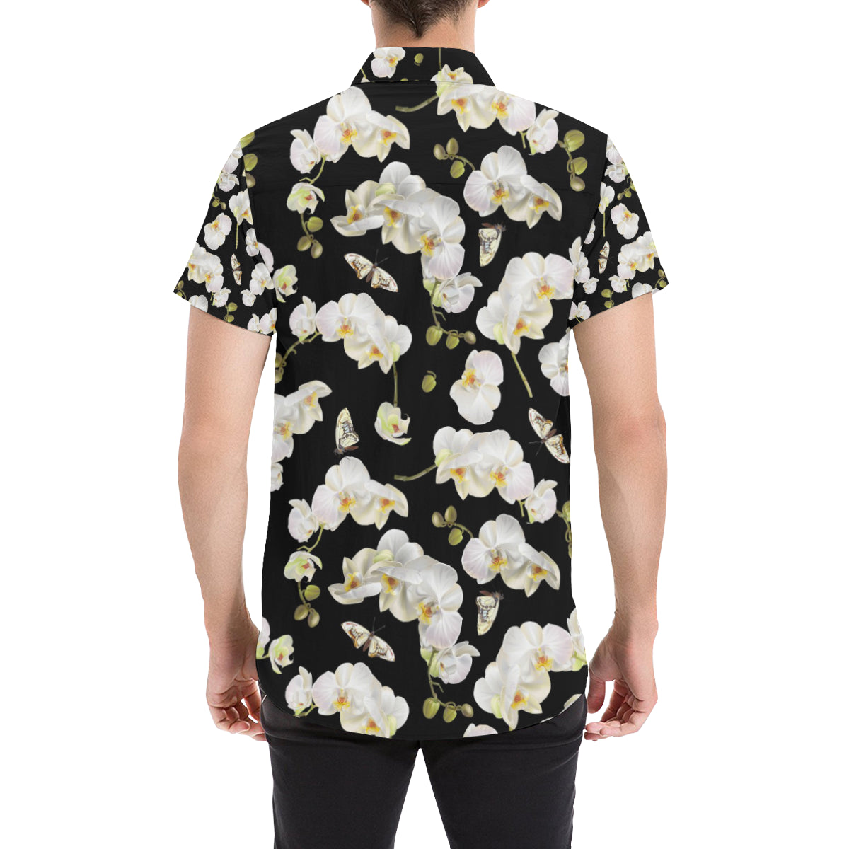 Orchid White Pattern Print Design OR011 Men's Short Sleeve Button Up Shirt