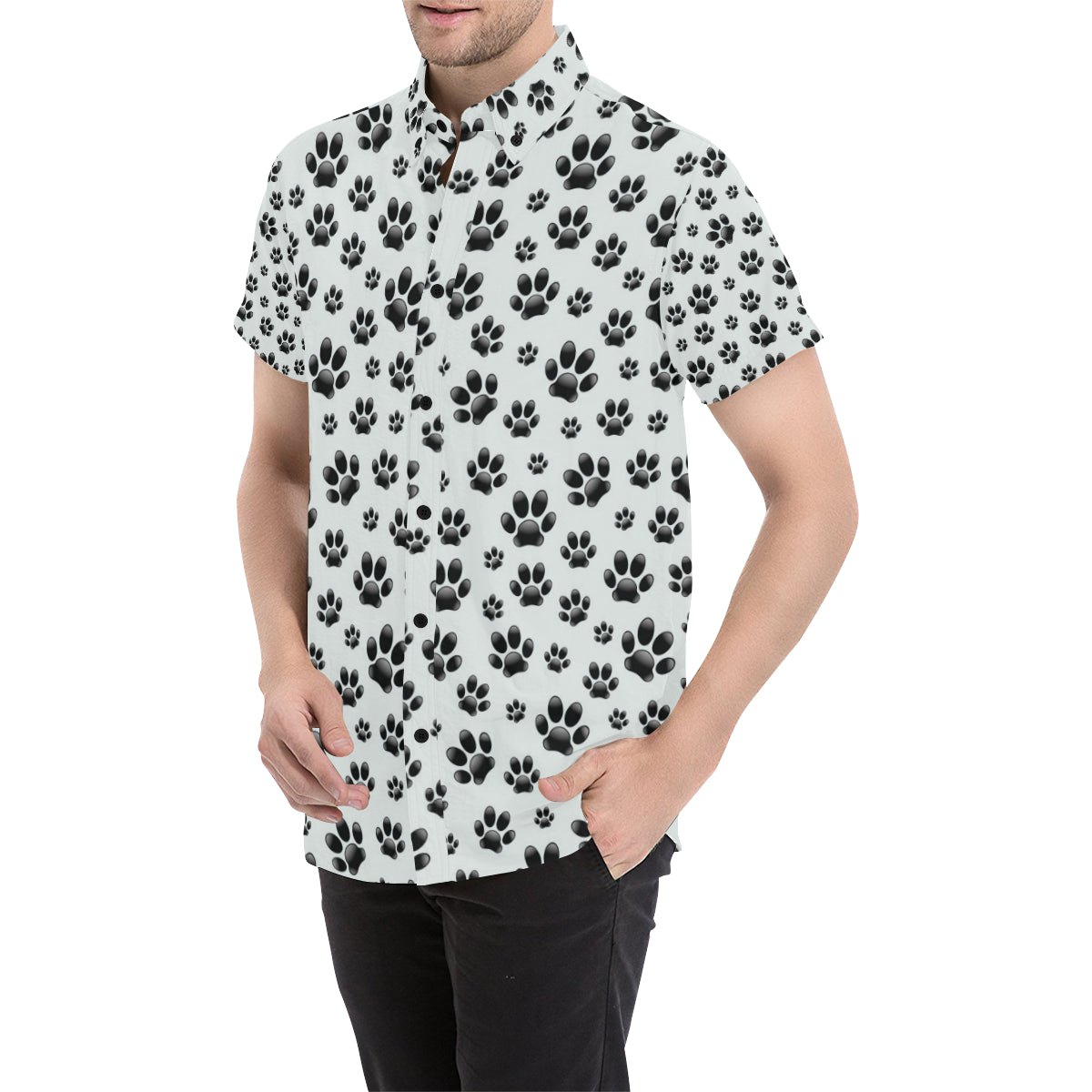 Paw Themed Print Men's Short Sleeve Button Up Shirt