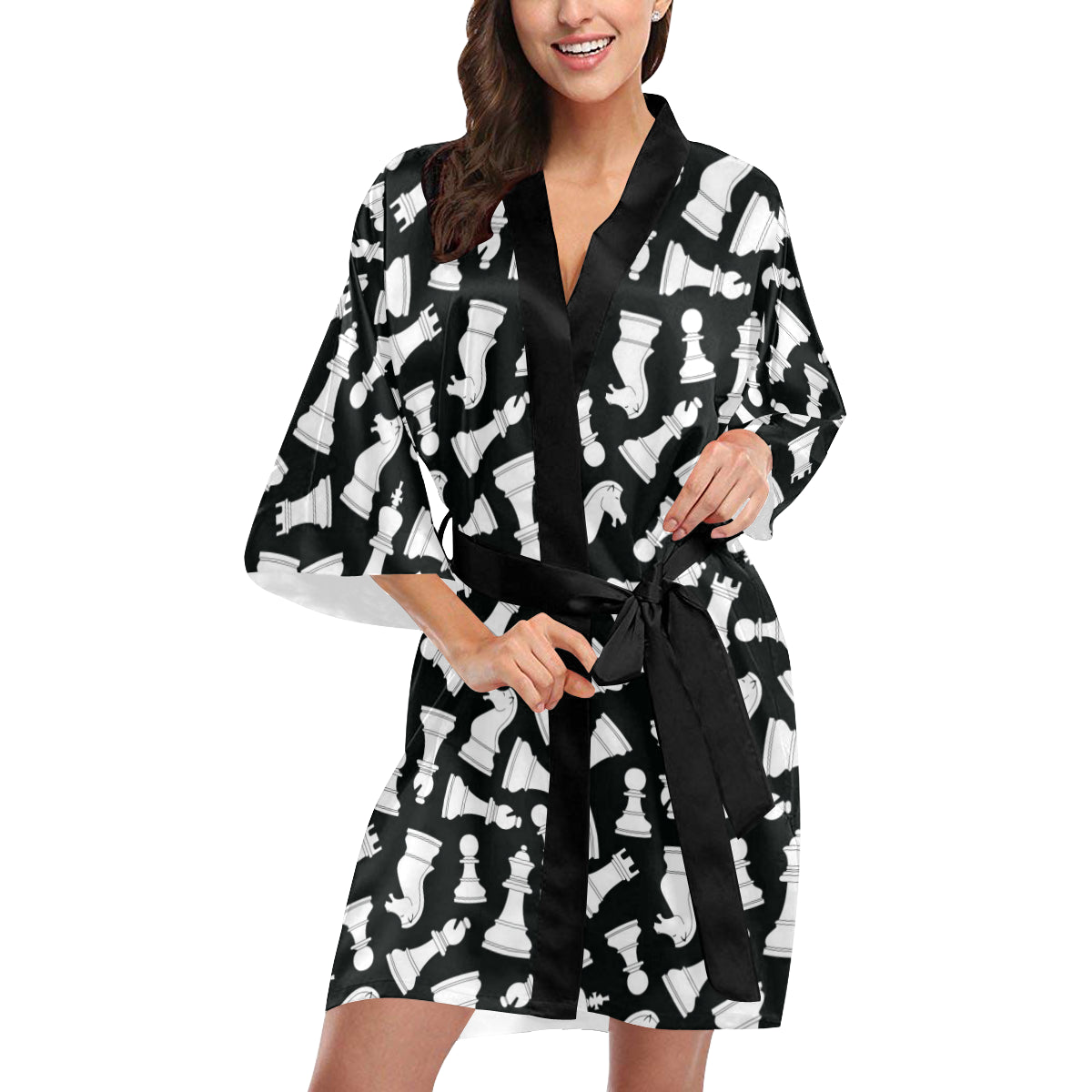 Chess Pattern Print Design 01 Women's Short Kimono
