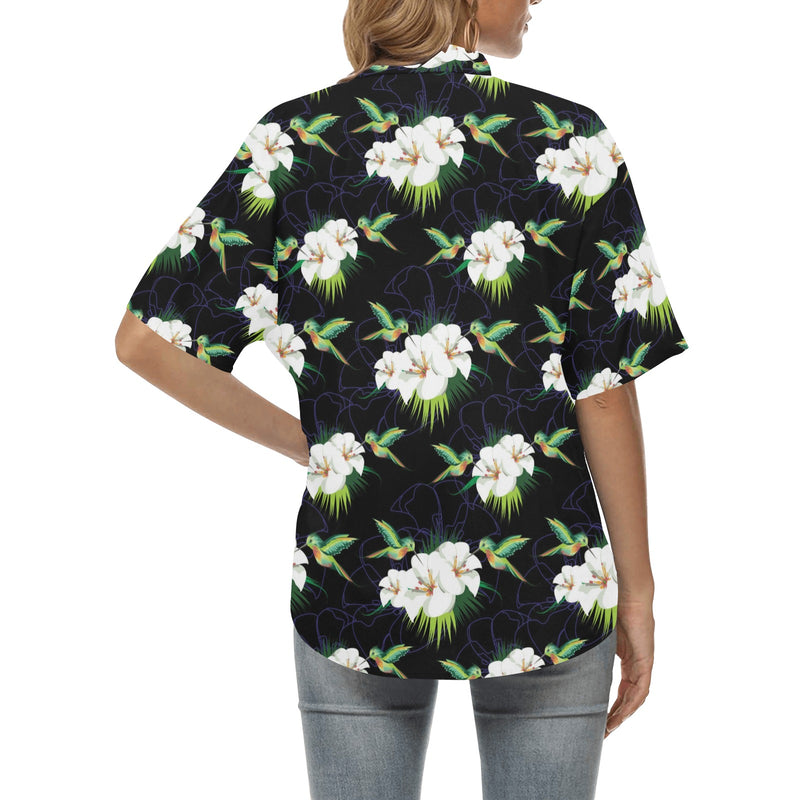 Hummingbird with Flower Pattern Print Design 03 Women's Hawaiian Shirt