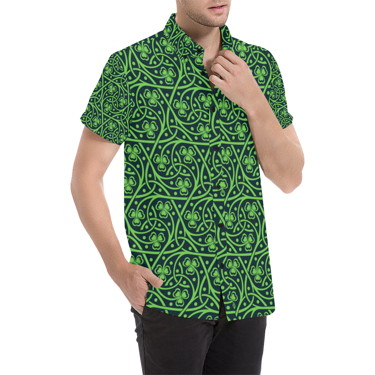 Shamrock Themed Print Men's Short Sleeve Button Up Shirt