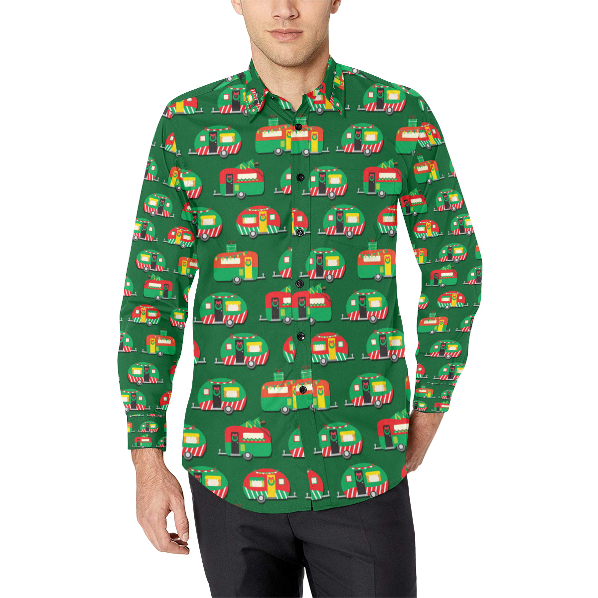 Camper Camping Christmas Themed Print Men's Long Sleeve Shirt