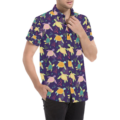 Sea Turtle Color Smile Men's Short Sleeve Button Up Shirt