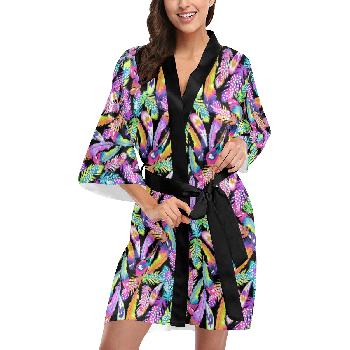 Neon Feather Pattern Print Design A02 Women's Short Kimono