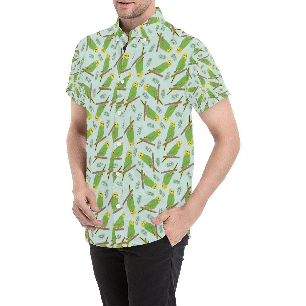 Budgerigar Pattern Print Design 04 Men's Short Sleeve Button Up Shirt