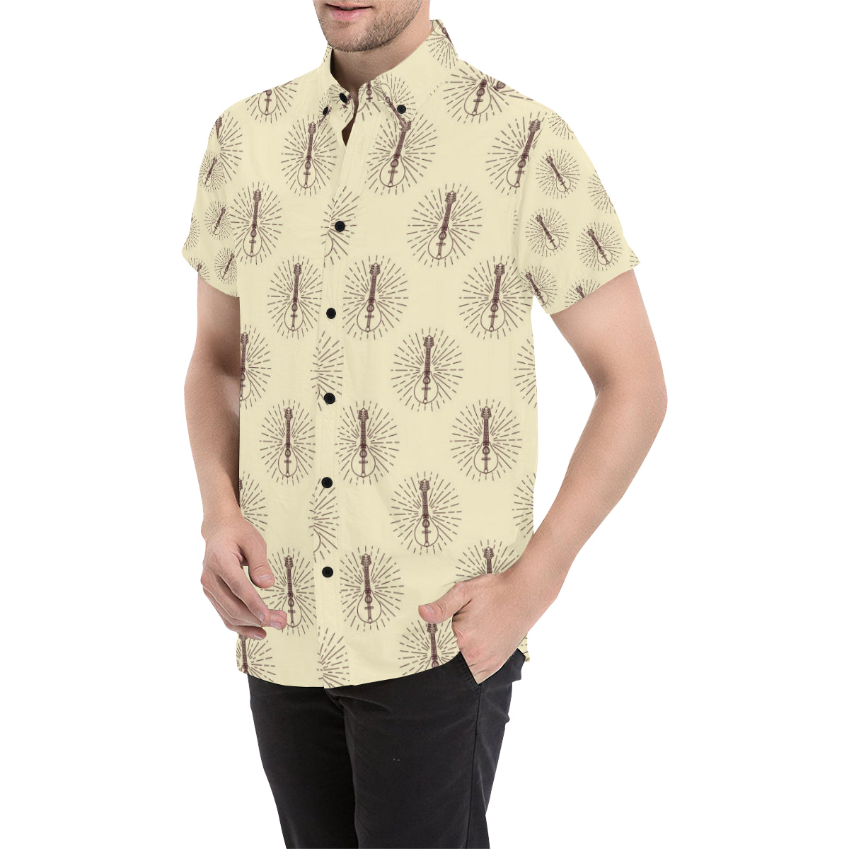 Mandolin Pattern Print Design 02 Men's Short Sleeve Button Up Shirt