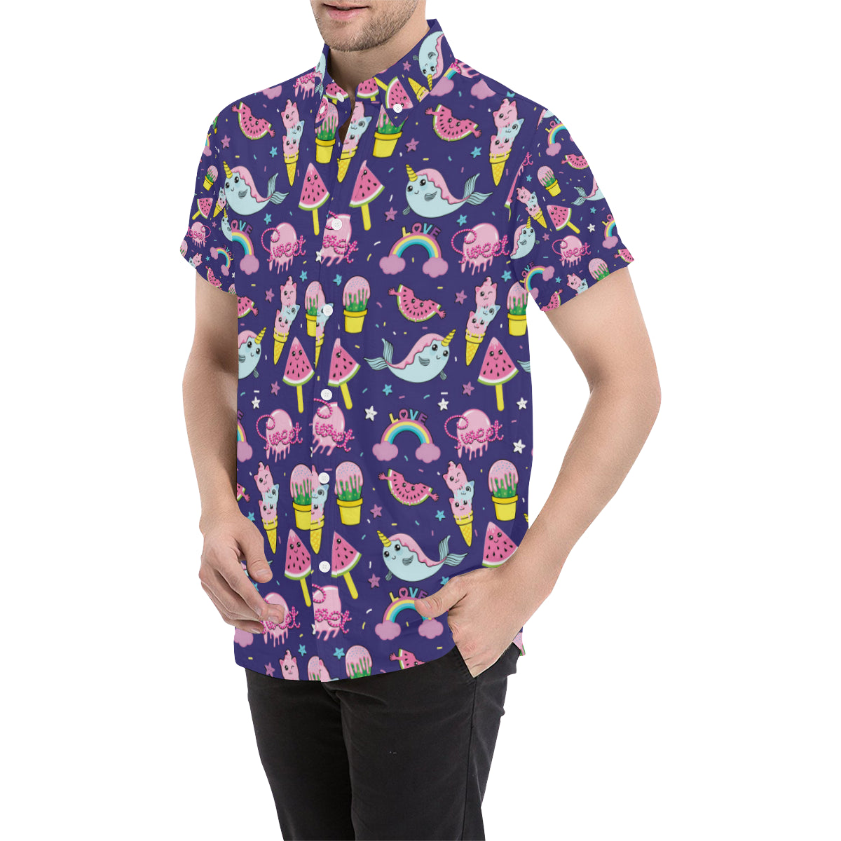 Narwhal Cute Pattern Print Design 02 Men's Short Sleeve Button Up Shirt