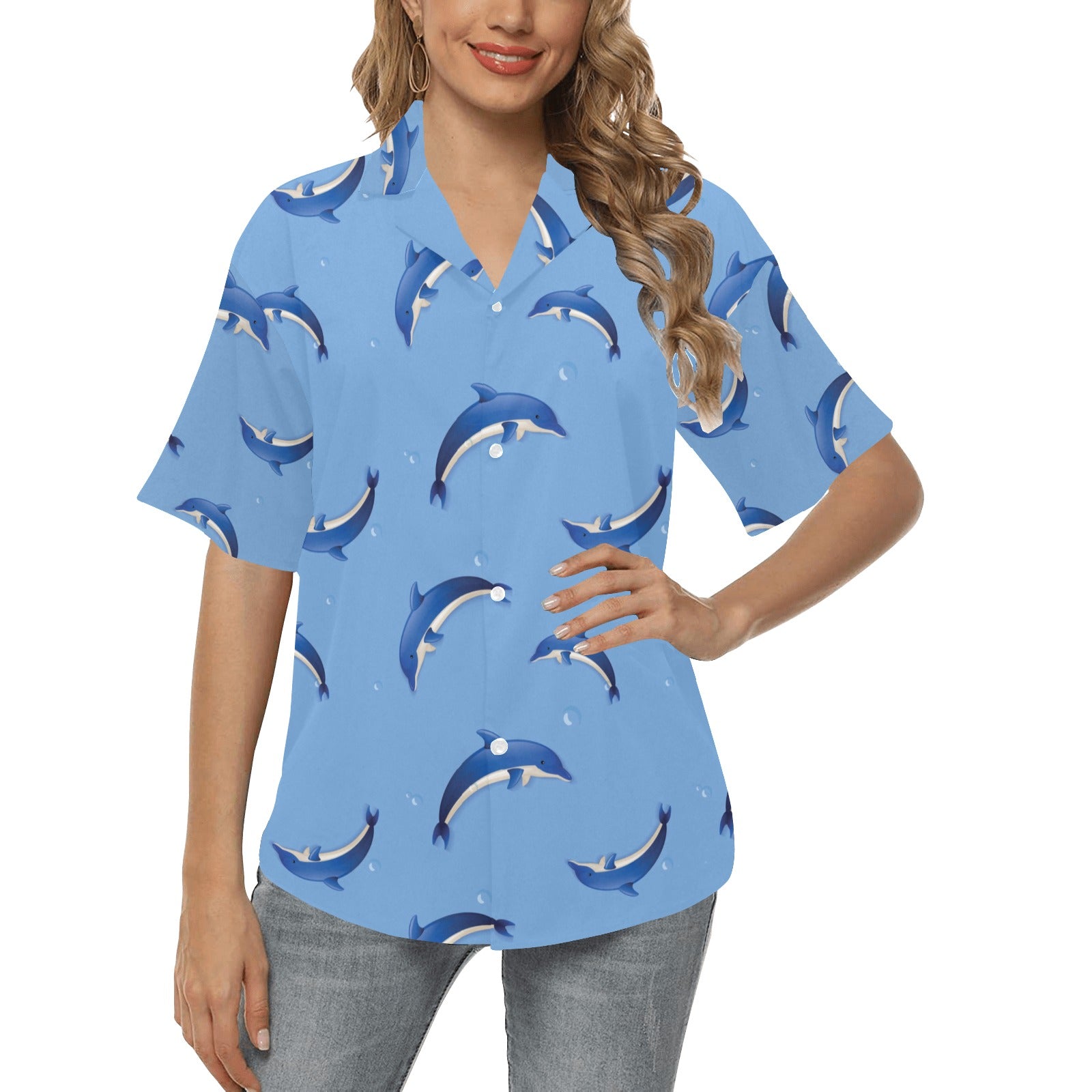 Dolphin Blue Print Women's Hawaiian Shirt