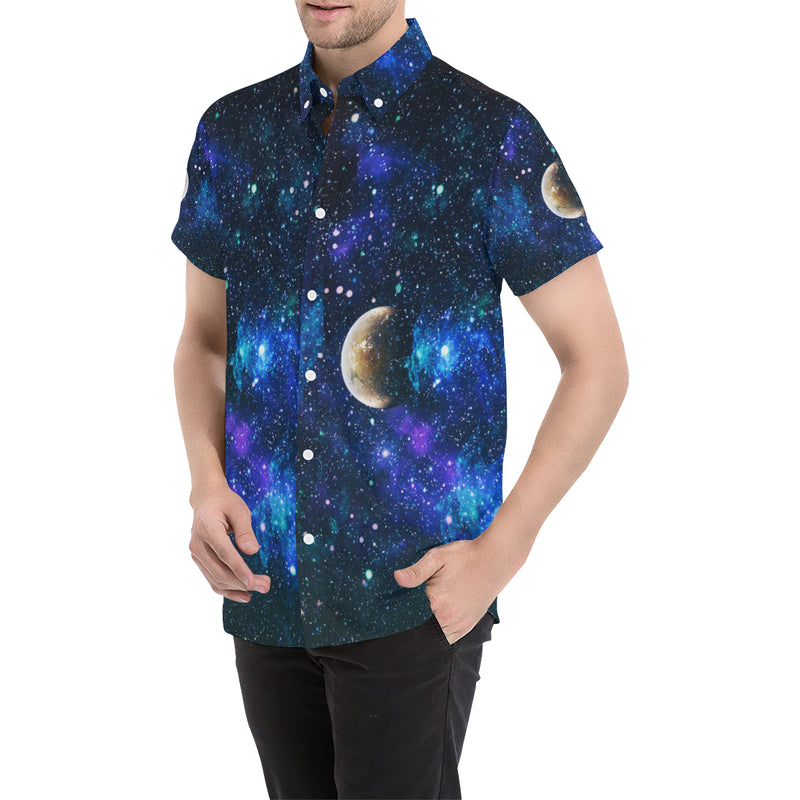 Galaxy Stardust Planet Space Print Men's Short Sleeve Button Up Shirt