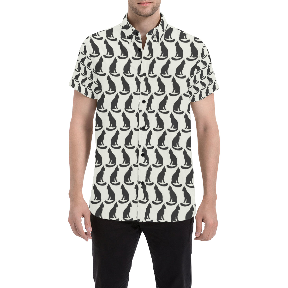 Black Cat Pattern Print Design 02 Men's Short Sleeve Button Up Shirt
