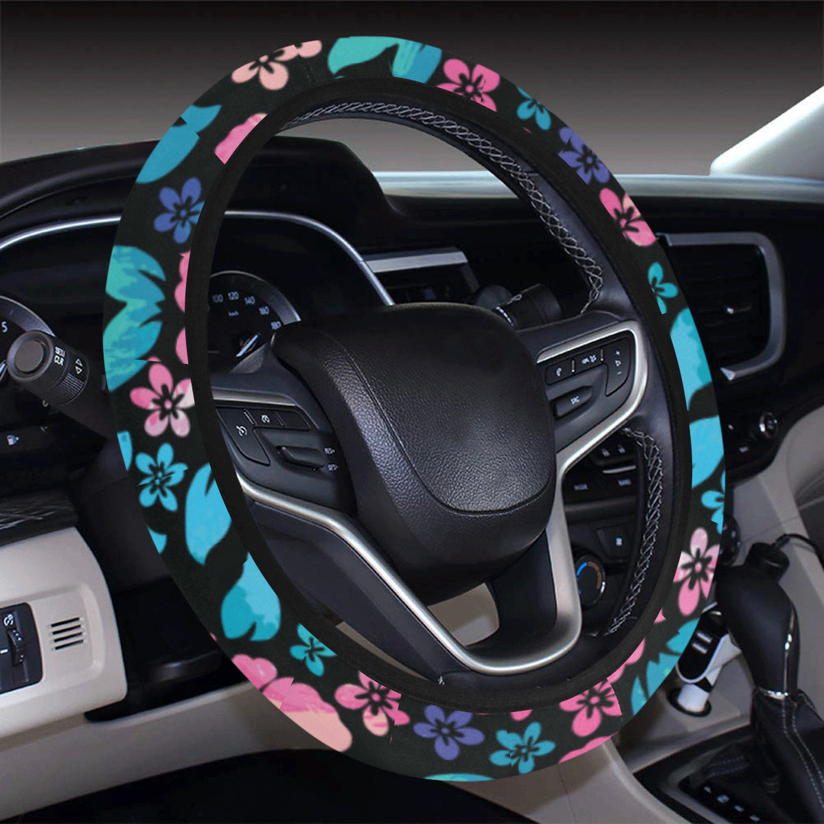 Pink Hibiscus Hawaiian Flower Steering Wheel Cover with Elastic Edge