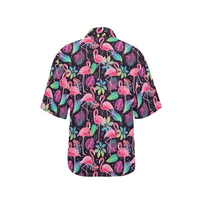 Flamingo Tropical leaves Neon Print Women's Hawaiian Shirt