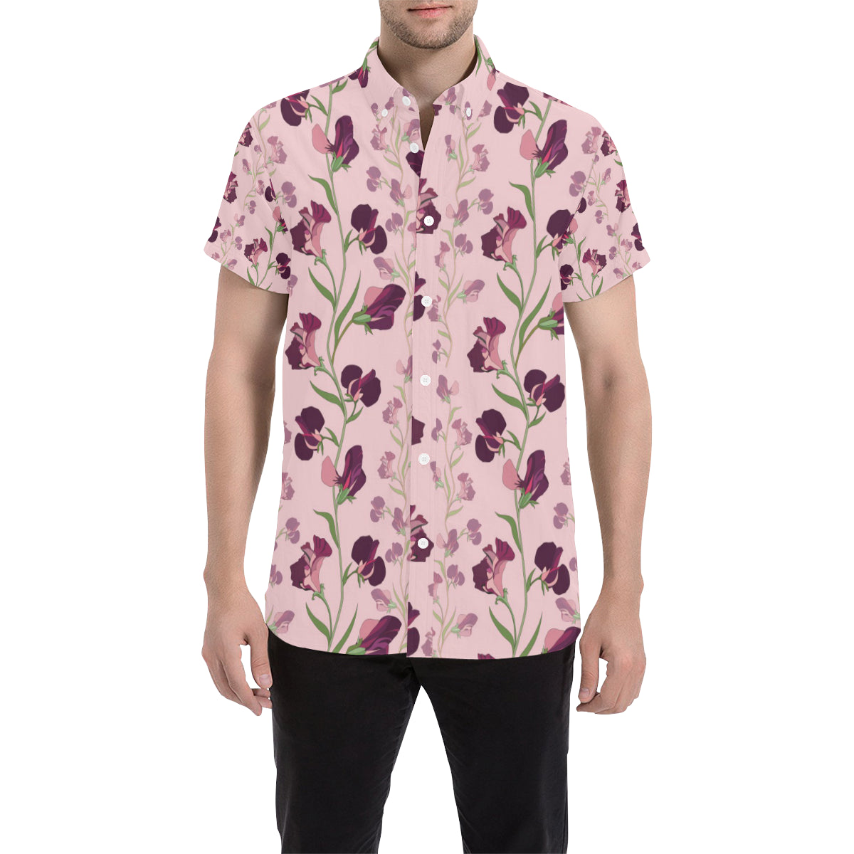 Peony Pattern Print Design PE09 Men's Short Sleeve Button Up Shirt