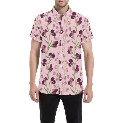 Peony Pattern Print Design PE09 Men's Short Sleeve Button Up Shirt