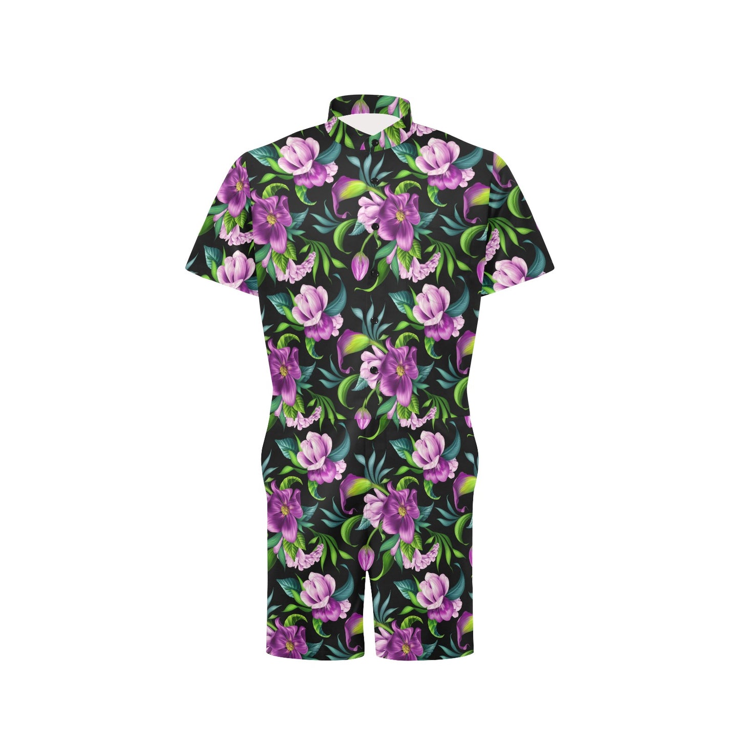 Bright Purple Floral Pattern Men's Romper