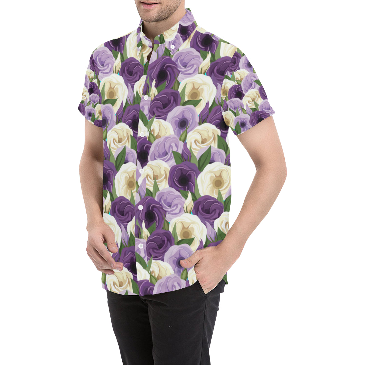 Lisianthus Pattern Print Design LT01 Men's Short Sleeve Button Up Shirt