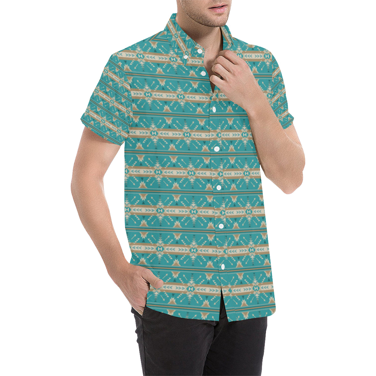 Southwest Native Design Themed Print Men's Short Sleeve Button Up Shirt
