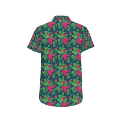 Zombie Themed Design Pattern Print Men's Short Sleeve Button Up Shirt