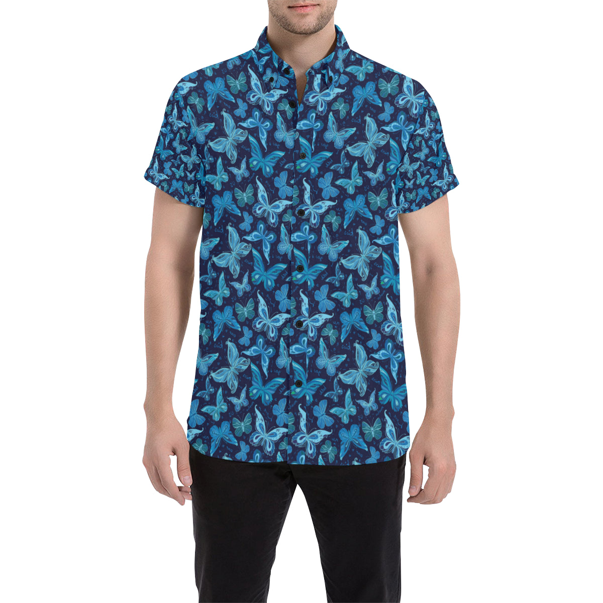 Butterfly Pattern Print Design 03 Men's Short Sleeve Button Up Shirt