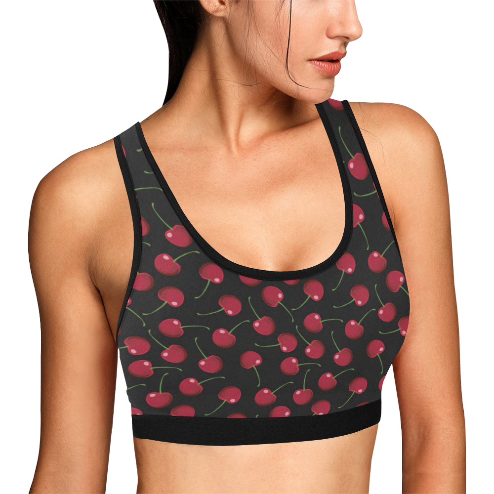 Cherry Black Background Sports Bra