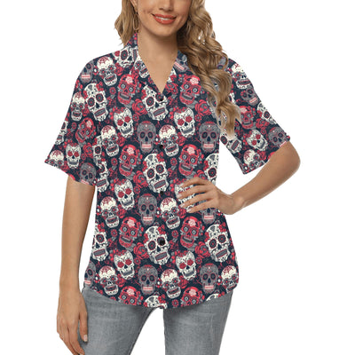 Sugar Skull Print Design LKS303 Women's Hawaiian Shirt