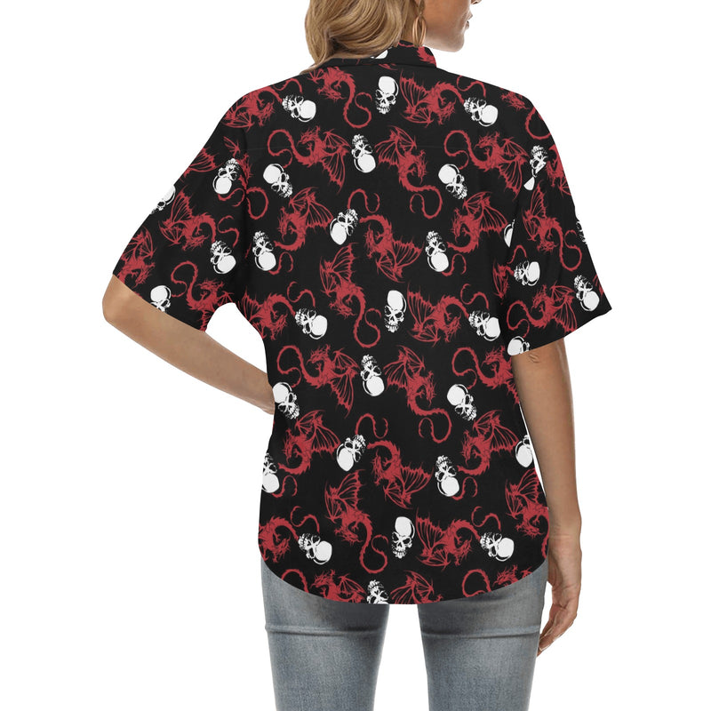 Skull With Red Dragon Print Design LKS304 Women's Hawaiian Shirt