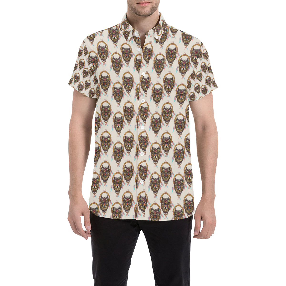 Wolf Tribal Dream Catcher Design Print Men's Short Sleeve Button Up Shirt