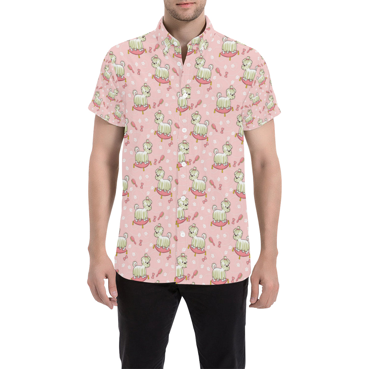 Bichons Frise Pattern Print Design 01 Men's Short Sleeve Button Up Shirt