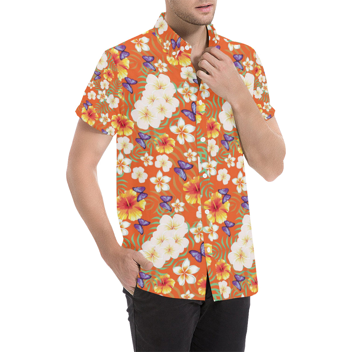 Tropical Flower Pattern Print Design TF027 Men's Short Sleeve Button Up Shirt