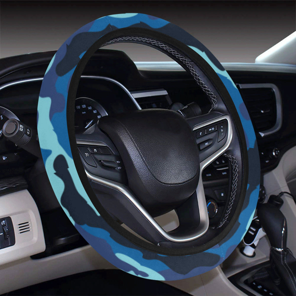 Camo Blue Pattern Print Design 04 Steering Wheel Cover with Elastic Edge