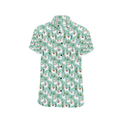 Llama with Cactus Themed Print Men's Short Sleeve Button Up Shirt