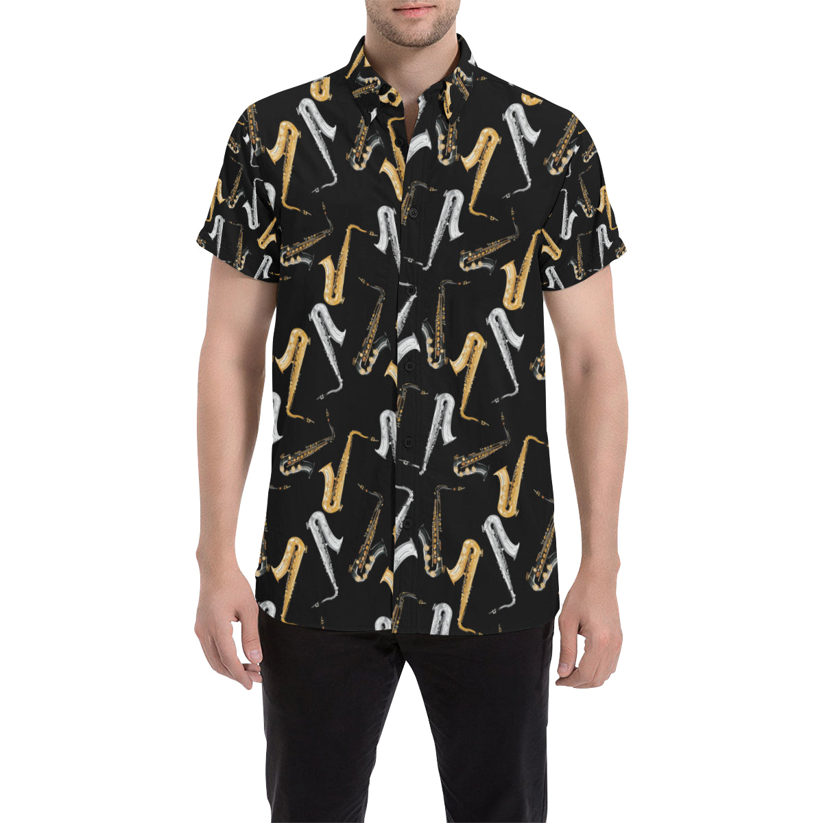 Saxophone Pattern Print Design 01 Men's Short Sleeve Button Up Shirt